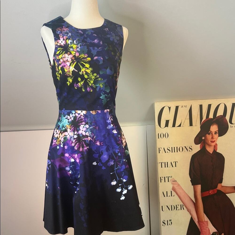 Karen Millen mini Dress Blue Purple Fit and Flare Floral sleeveless cotton